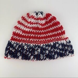 USA Handmade Womens Hand Knit Beanie Hat Cap 4th Of July Patriotic American Flag